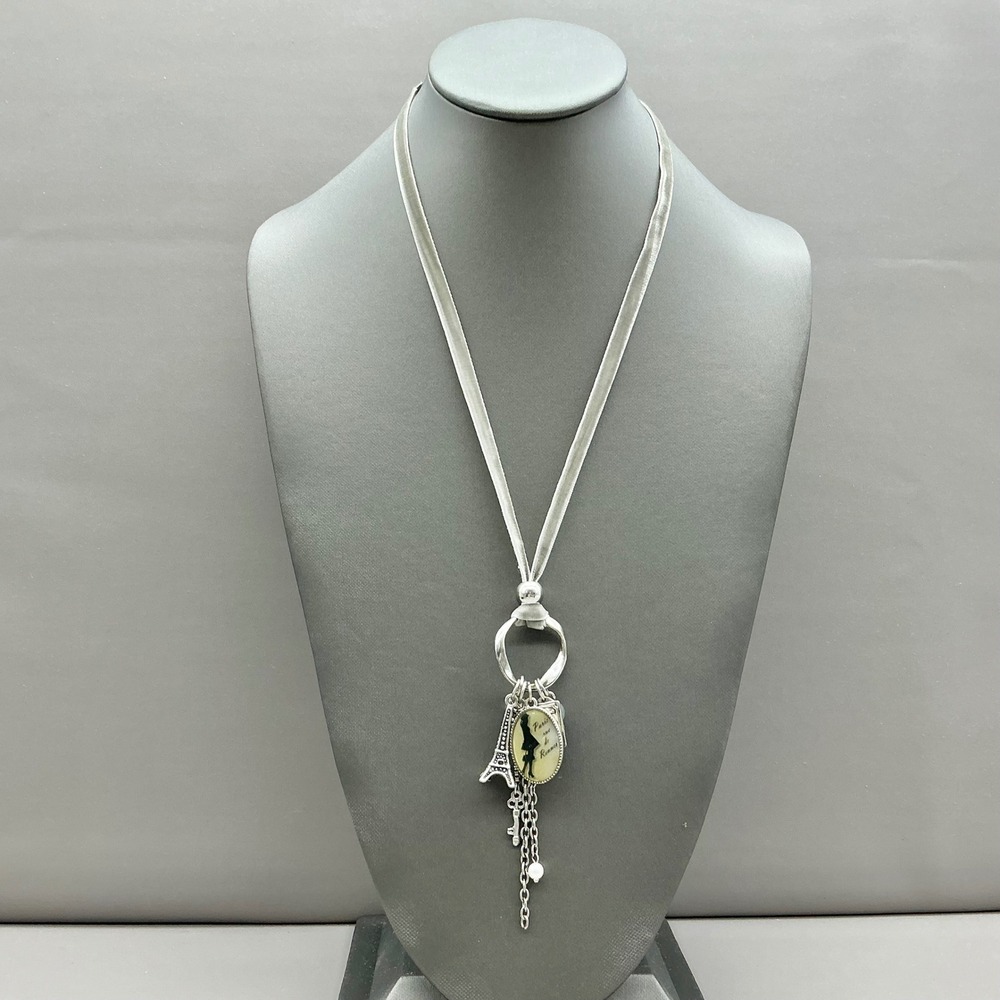 Marc Labat Necklace Paris Eiffel Tower French Charm Velvet Ribbon Statement 23"